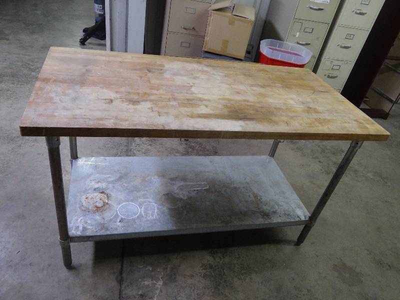 lot 1009 image: 60 Wood Work Top Table With Galvenized Understorage