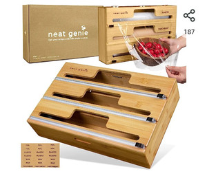 lot 52071 image: Neat Genie 3 in 1 Bamboo Foil and Plastic Wrap Organizer with Cutter, 15 W, (Theres a Piece Beginning to Come Off the Item)