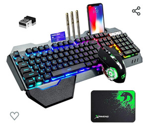 lot 52093 image: Wireless Gaming Keyboard and Mouse with Rainbow LED 16RGB Backlit Rechargeable 4800mAh Battery Metal Panel Mechanical Ergonomic Feel Waterproof Dustproof 7 Color Mute Mice for Laptop PC Gamer(Black)