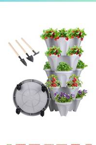 lot 52108 image: DUNCHATY Stackable Vertical Garden Planter with Wheels and Garden Tools, 5 Tier , Grey