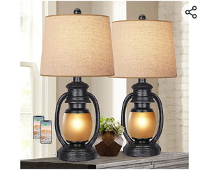 lot 52135 image: Hamucd Touch Rustic Farmhouse Bedside Table Lamps, Set of 2 for Living Room with 2 USB Port and One Outlet, 3-Way Dimmable Resin Nightstand Lamps with Bell Silk Shade for Bedroom