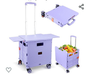 lot 52149 image: Foldable Utility Cart Collapsible Portable Crate Rolling Carts with Wheels Teacher Cart with Magnetic Lid Telescopic Cover Wear-Resistant 360° Rotate Wheel Noiseless for Shopping Storage Office Use