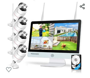 lot 52163 image: Floodlight Wireless Security Camera System with 12 Monitor 2 Way Audio, YESKAMO Outdoor 2K WiFi IP Cameras AI Human Detection Siren Alarm, DC Power HD Home Surveillance System with 1TB Hard Drive