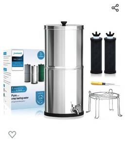 lot 52191 image: Purewell 3-Stage 0.01 Ultra-Filtration Gravity Water Filter System, NSFANSI 372 Certification, 304 Stainless Steel Countertop System with 2 Filters and Stand, Reduce 99% Chlorine, 2.25G, PW-OB