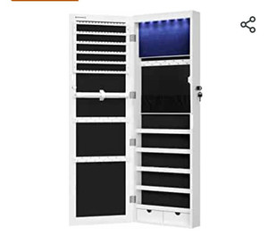 lot 52227 image: SONGMICS 6 LEDs Mirror Jewelry Cabinet, 47.2-Inch Tall Lockable Wall or Door Mounted Jewelry Armoire Organizer with Mirror, 2 Drawers, Oak