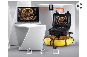 lot 52291 image: Vevor Sewer Camera, 150FT, 9 Screen Pipeline Inspection Camera with DVR Function &amp 16 GB SD Card, (Battery Powers On the Screen Does NOT the VideoYellow Cord is Broken Where it Plugs in at and Theres Wear on the Outside Casing)