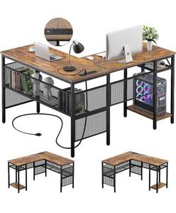 lot 52317 image: Unikito L Shaped Computer Desk with Magic Portable 4 Power Outlets and USB Charging Ports, 55 Inch, Rustic Brown