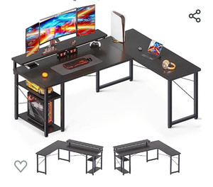 lot 52340 image: ODK L Shaped Gaming Desk, 53 Corner Computer Desk with Monitor Stand & Storage Shelf, Sturdy Home Office Work Writing Table, Black, Loose Hardware