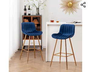 lot 52343 image: Sidanli Gold Bar Stools Set of 2, Blue Bar Chairs with Velvet Upholstered, Stools for Kitchen Counter