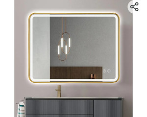 lot 52356 image: TheiaMo LED Rectangle Mirror, 36x28 Double Touch Dimmable Bathroom Mirror, Wall Mounted Vanity Mirror with 45° Beveled Metal Frame, Anti-Fog Waterproof 3 Color Temperature Smart Mirror, Gold
