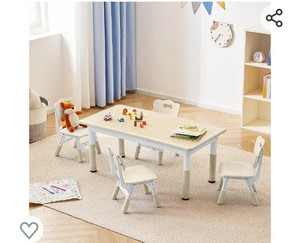 lot 52365 image: CuFun Kids Table and 4 Chairs Set, Children Study Desk, Dining Table, Height Adjustable Plastic Desk Painting Desktop Toddler Furniture for Boys and Girls (Burlywood-Wood Grain)
