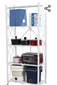 lot 30348 image: Muichi Folding Shelf 5-Tier, Foldable Shelves with Wheels, Heavy Duty Shelving Unit, Sturdy Metal Shelf Storage Organizer Rack for Kitchen, Garage, Home, Office, Garden (White)
