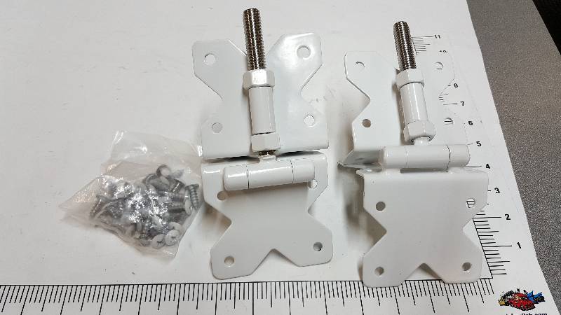 lot 7064 image: White Pair of new and adjustable HD gate or door hinges