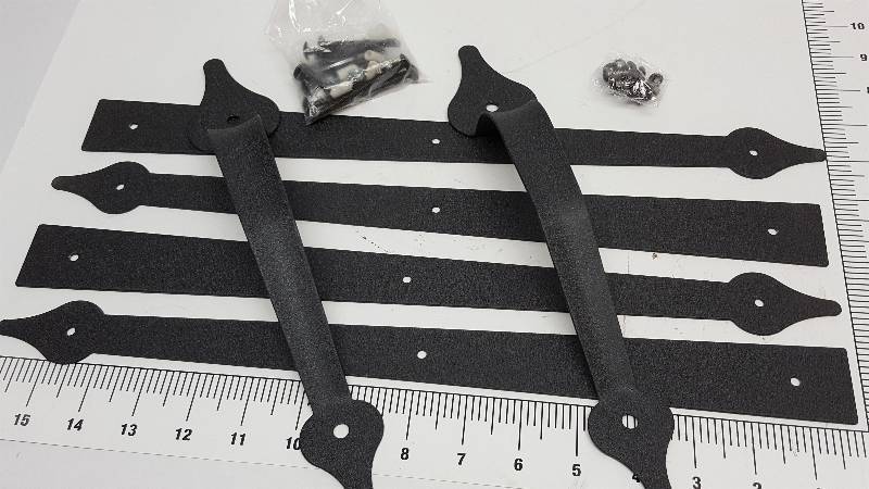 lot 6990 image: Decorative barn door Black wrought iron inside and outside handles with face plates with mounting hardware