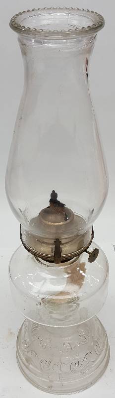 lot 6901 image: All glass and about 17 overall height with the glass chimney is this very nice old oil burning lamp