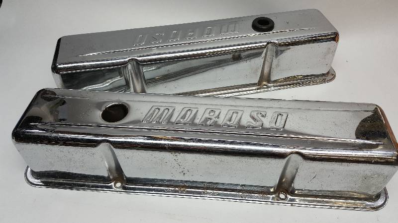 lot 6965 image: SB Chevy chrome stamped steel tall valve covers  with no modifications.  Slight scratches from use but will still look good