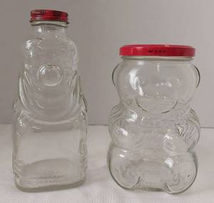 lot 39449 image: 1943 Grapette Products Co. Camden, Arkansas, Figural Circus Clown Bottle and Strawberry Jam Bear (1988) Produce Jars