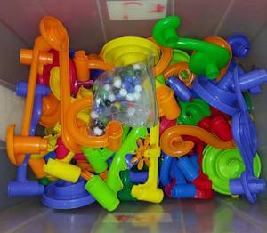 lot 39471 image: Marble Run Set, Building Blocks, Glass Marbles -128 pcs. plus Marbles
