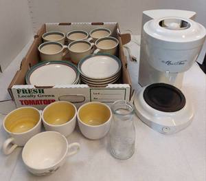 lot 39472 image: Heritage Co. Dairy Milk Bottle, Mrs. Tea Machine, Cups, Saucers