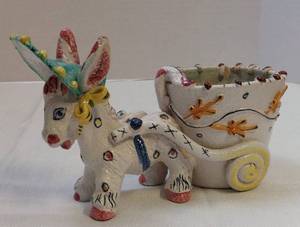 lot 39494 image: Vintage, SignedNumbered Pottery Donkey and Cart Planter, See picture for Markings