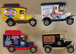 lot 39498 image: Set of 4 Die Cast & Plastic Collectible PEPSI Delivery Wagons 3x2. In plastic container, but no box