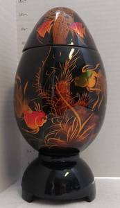 lot 39542 image: Vintage Vietnamese Wooden Storage BoxBlack Enamel Art Deco Egg Vase With Removable Lid