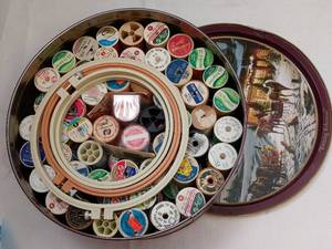 lot 39547 image: Large Metal Tin filled with Spools of Thread & Hoops
