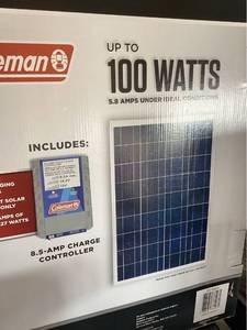 lot 27974 image: Coleman 100W Crystalline Solar Panel Kit with 8.5 Amp Charge Controller