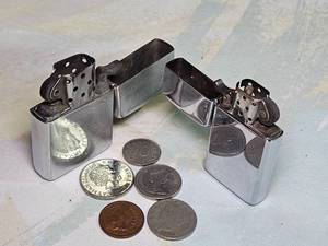 lot 30366 image: Lot w 2 Zippos  Old American Coins and Misc International Coins