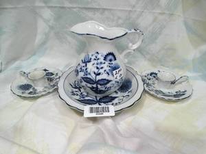 lot 30348 image:  Rare  Blue Onion 8 Tall Porcelain Pitcher - Bowl - 2 Candle Holders 