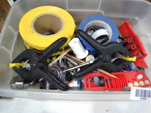 lot 30434 image: Caution Tape  Paint Edging Tape  Clamps  Glue Gun  Scissors  Compass  Misc Lot