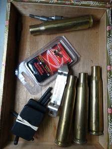 lot 30459 image: Wood Cigar Box w Archery Points and Large Caliber Shells & Misc