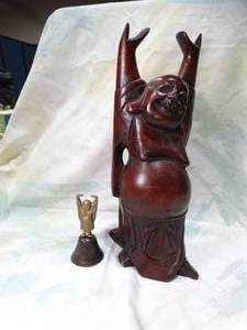lot 30481 image: Happy Budda  Tall Wood Decor and Brass Bell
