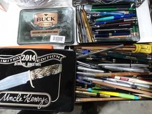 lot 30551 image: Quality Pens and Pencils in Knife Tins