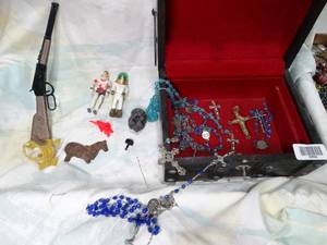 lot 30539 image: Small Chest w Old Toys and Rosery  Jewelry