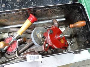 lot 30614 image: Metal Toolbox w Old Hand Tools  Crank Grinder and More