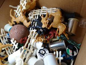 lot 30634 image: Box of Plastic Cowboys and Indians  Horses and Fencing