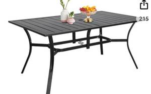 lot 24415 image: Patio Dining Table Outdoor Rectangular Slated Furniture with Umbrella Hole, Metal Steel Frame(Black) Table Top Only