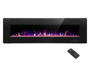 lot 32068 image: Intertek 68 inch Electric Fireplace Recessed and Wall Mounted Heater and Linear Fireplace, with Timer, Remote Control, Adjustable Flame Color, 750w1500w, Black (Retail $386.99)