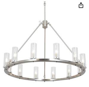 lot 32088 image: OSAIRUOS W35.4 Brushed Nickel Chandelier Farmhouse Wagon Wheel Chandeliers for Dining Room Living Room Vintage Rustic Pendant Light Fixture with Clear Glass Shades 12-Light Industrial Rod Chandeliers (Retail $439.99)