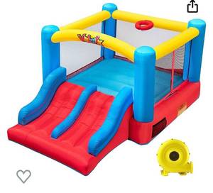 lot 32080 image: Valwix Indoor Outdoor Inflatable Bounce House with Blower for 3-10 yr Kids, Bouncy Castle wDouble Slide, Large Bounce Area wBasketball Hoop, 300 LBS Capacity (Retail $239.99)