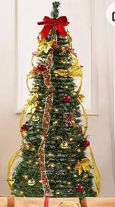 lot 32099 image: Pop up Christmas Tree, 7 ft Collapsible Fully Decorated Christmas Tree with Red Gold Christmas Ball, Easy Assemble for Home, Outdoor, Office, Party.��No Lights)