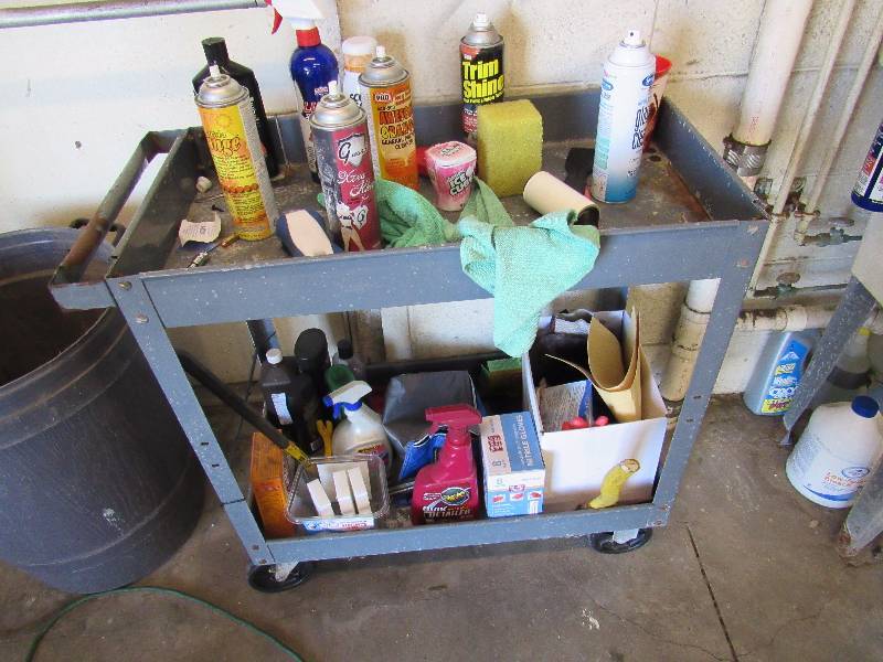 lot 1946 image: 18.5 X 30 Rolling Metal Service Cart With Contents