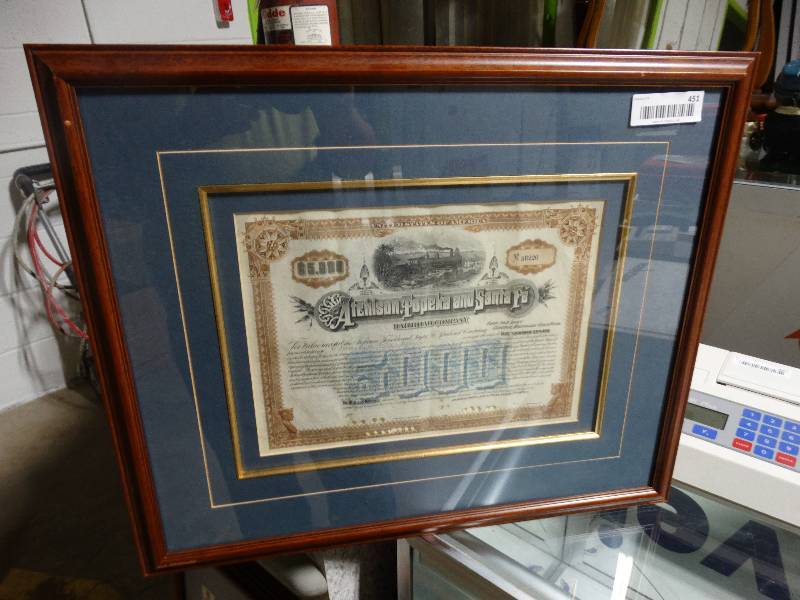 lot 451 image: Atchison Topeka and Santa Fe $5000 railroad bond certificate Framed
