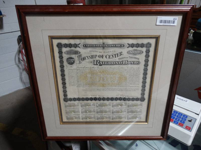 lot 453 image: Township of Center railroad bond certificate. $1,000.