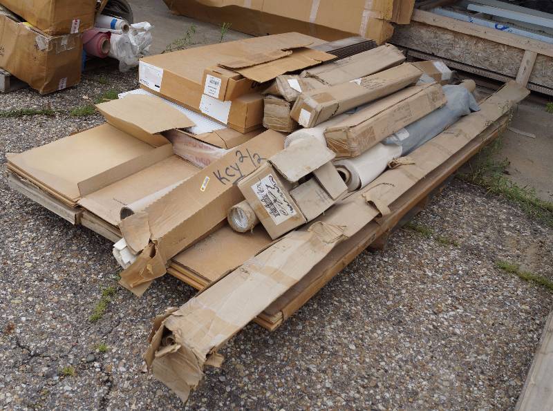 lot 4063 image: Large Pallet Lot of Building Supplies - Wall Covering Rolls - Egg Crate Style Light Covers - Wall Seam Covers - FLEXCO Rubber Wall Base in box and strips -Removable Posts (in boxes) - and more - see photos