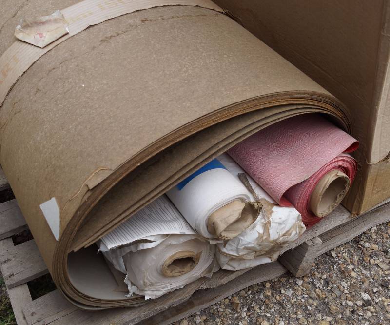lot 4064 image: Pallet Lot of Vinyl Upholstery Rolls - Roll of Cabinet Formica and an Electric Ceiling Heater - New in Box - see photos