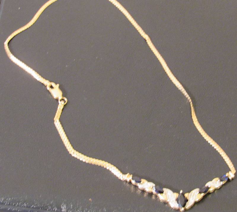 lot 7714 image: Necklace with 5 blue marquee stones and diamonds 10K Yellow Gold 2.98 grams - (chain needs repaired)