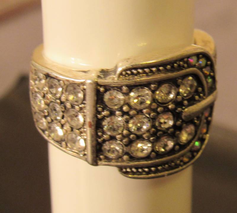 lot 7718 image: Ladies Ring - Silver belt buckle ring w clear stones - Size 8 - 6.79 grams