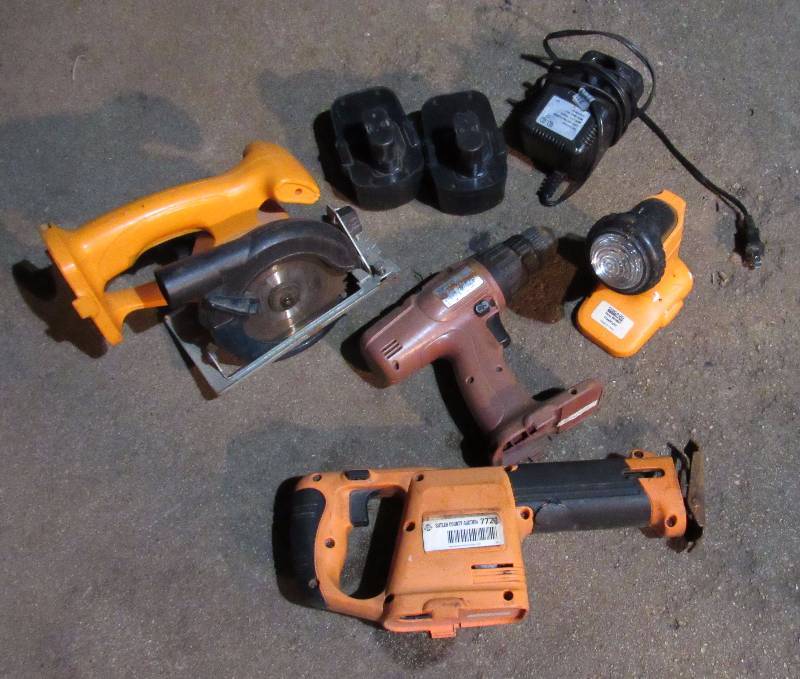 lot 7729 image: Tool Set - 4 piece - Chicago Electric - Drill, Light, Sawzall, Circular Saw - with two batteries and a charger - all work